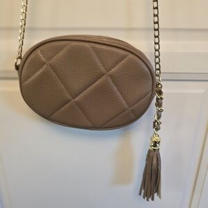 Madden Girl Taupe Quilted Oval Crossbody with Tassel